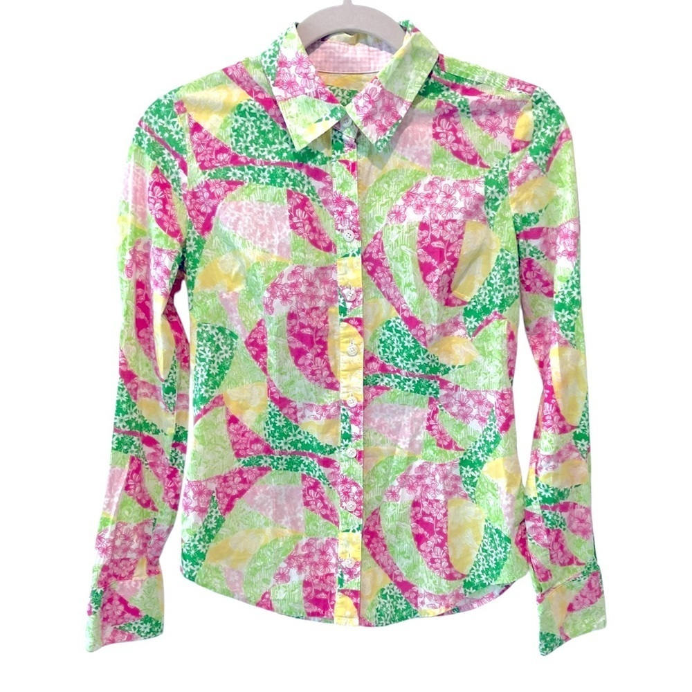 Lilly Pulitzer Jonni Blouse XS Pink Green Floral Button Down Resort Top - Picture 6 of 10